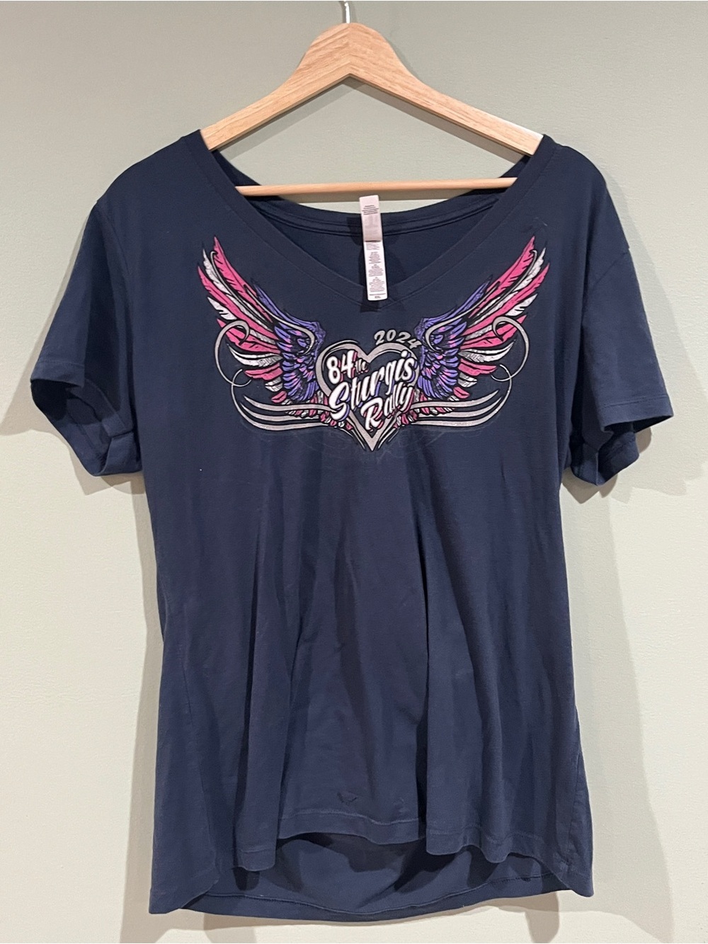 Women's Navy V-Neck Graphic Tee with Pink & Purple Wing Design